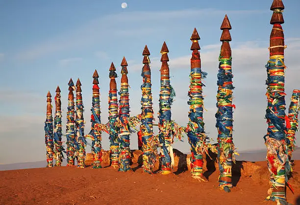 Shamanic poles in Khuzhir. Olkhonsky district. Irkutsk oblast. Russia