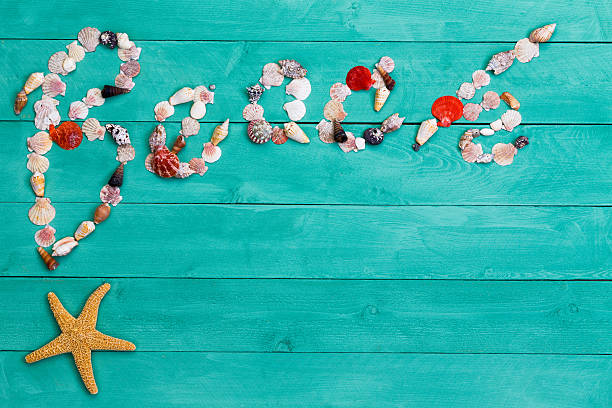 Creative Beach sign formed of assorted sea shells