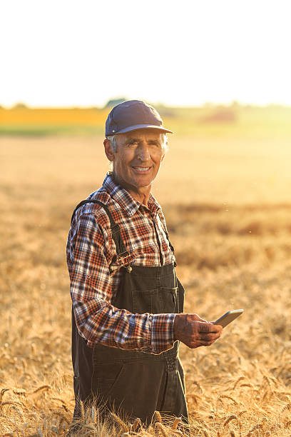 landwirt mit smartphone auf dem feld - onesie stock-fotos und bilder