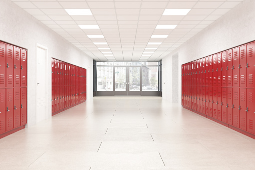 High school lobby with red shiny lockers. Fitness Gym. Concept of studying and getting knowledge. 3d rendering