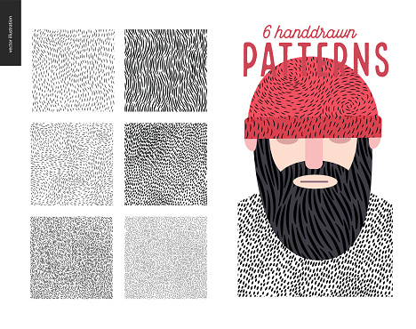 Handdrawn patterns set. Fur seamless patterns with an usage example