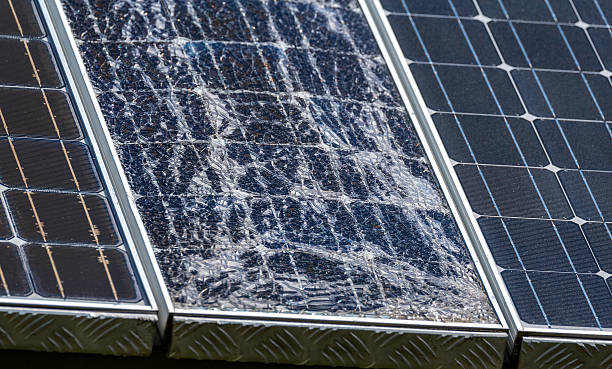 Destroyed modern solar panels stock photo