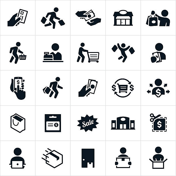 Shopping Icons A set of icons symbolizing retail and other forms of shopping in store and online. The icons include shoppers shopping, buying, holding shopping bags, retail outlets, online shopping, package delivery and unboxing to name a few. market vendor stock illustrations