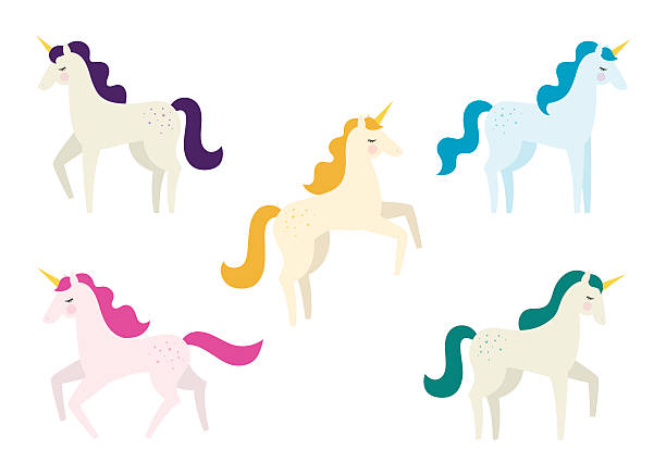 Glittery Unicorns A colorful group of whimsical and mythical unicorns with beautiful manes and stylized body styles unicorn stock illustrations