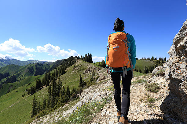 istock young woman backpacker hiking on mountain peak 598228274