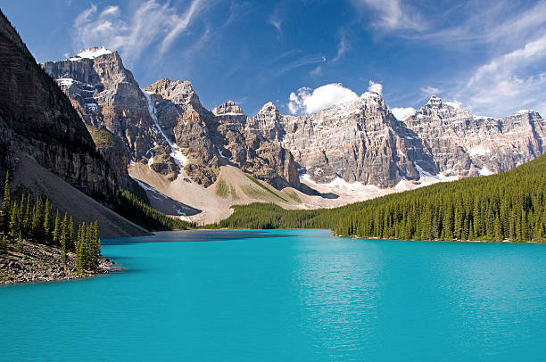 Moraine Lake, Banff National Park Beautiful Moraine Lake in Banff National Park in Alberta, Canada. This lake is located near the town of Lake Louise. It was once featured on the Canadian 20 dollar bill. This is the natural colour of this glacier-fed lake and has not been altered. moraine lake stock pictures, royalty-free photos & images