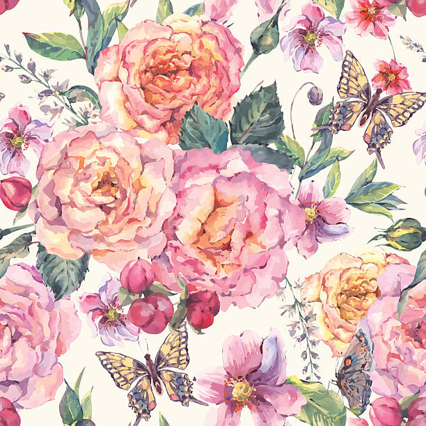 illustrazioni stock, clip art, cartoni animati e icone di tendenza di sfondo senza cuciture con rose e farfalla - rose pattern victorian style seamless