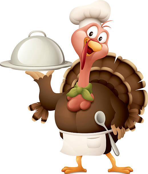 turkey chef cartoon illustration of turkey chef holding silver platter funny thanksgiving stock illustrations