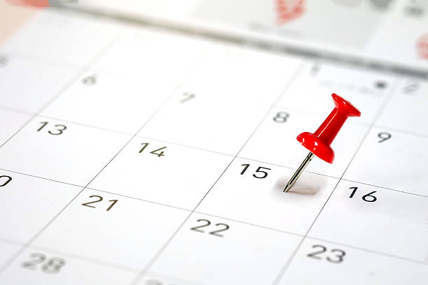 カレンダーに赤い刺繍が施されたピン - calendar deadline personal organizer thumbtack ストックフォトと画像
