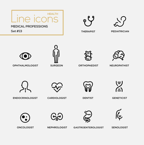 ilustraciones, imágenes clip art, dibujos animados e iconos de stock de profesiones médicas - conjunto de pictogramas de diseño de línea - pediatra