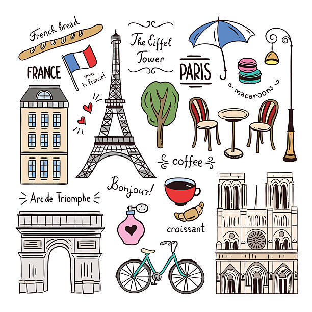 paris und frankreich handgezeichnete illustrationen. reisesymbole - building exterior built structure street paris france stock-grafiken, -clipart, -cartoons und -symbole