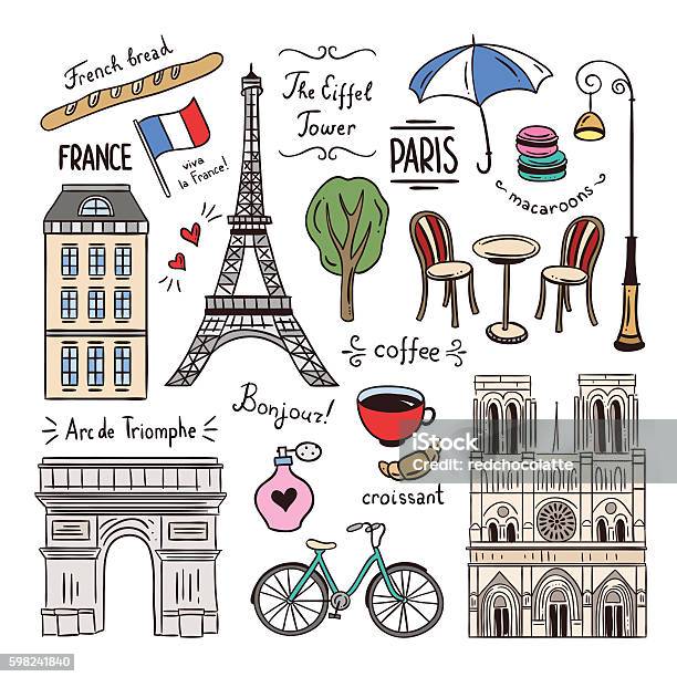 Vetores de Paris E França Desenhados À Mão Ilustrações Símbolos De Viagem e mais imagens de Paris