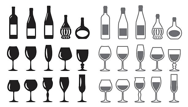 Wine Icon set Icon of a wine bottle and a wine glass wineglass stock illustrations