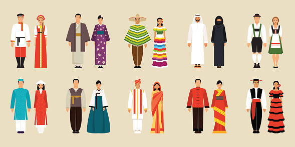 Big set of national costumes. Russian and Japanese, Chinese and Korean, Mexican and Spanish and Arabic, German, Indian and Vietnamese traditional costumes