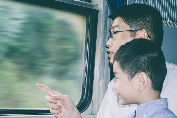 istock Father and son look outside in train 598245052