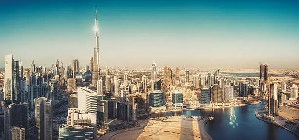Photo of Scenic panoramic  view of Dubai business bay with modern skyscrapers