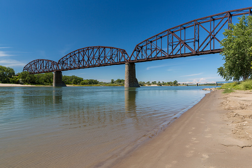 A railroad bridge over the Missouri River.