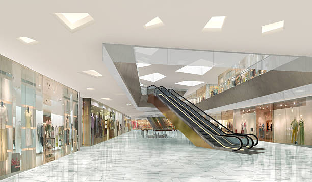 ilustración 3d de un centro comercial - escalera mecánica fotografías e imágenes de stock