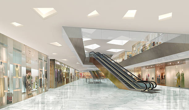 illustration 3d d’un centre commercial - escalator photos et images de collection