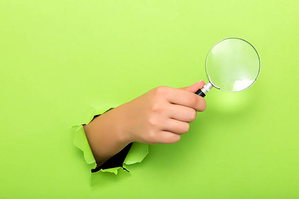 istock Large magnifying glass in hand isolated on green background 598251330
