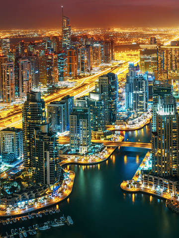 Illuminated Architecture Of Dubai By Night Scenic Skyline Stock Photo -  Download Image Now - iStock