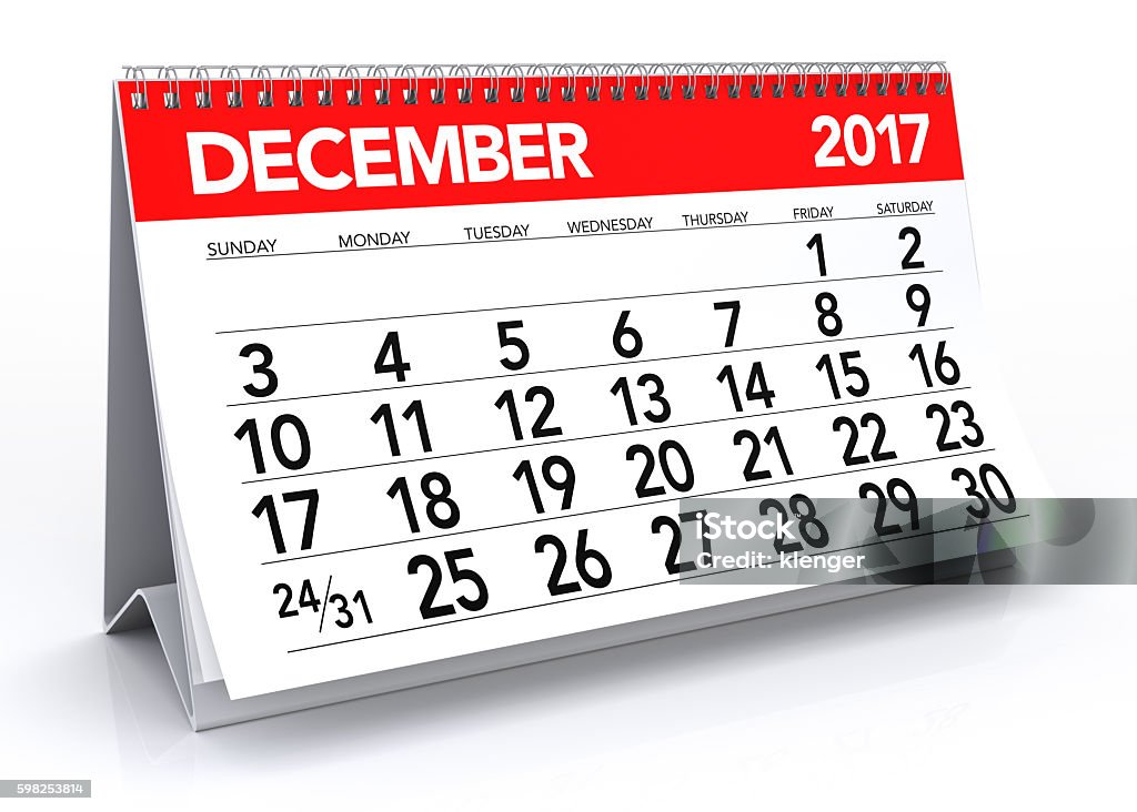 December 2017 Calendar December 2017 Calendar. Isolated on White Background. 3D Illustration 2017 Stock Photo