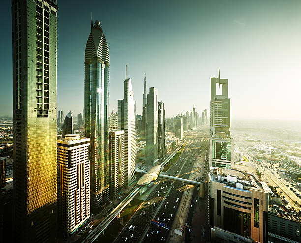 istock Dubai skyline in sunset time, United Arab Emirates 598254616