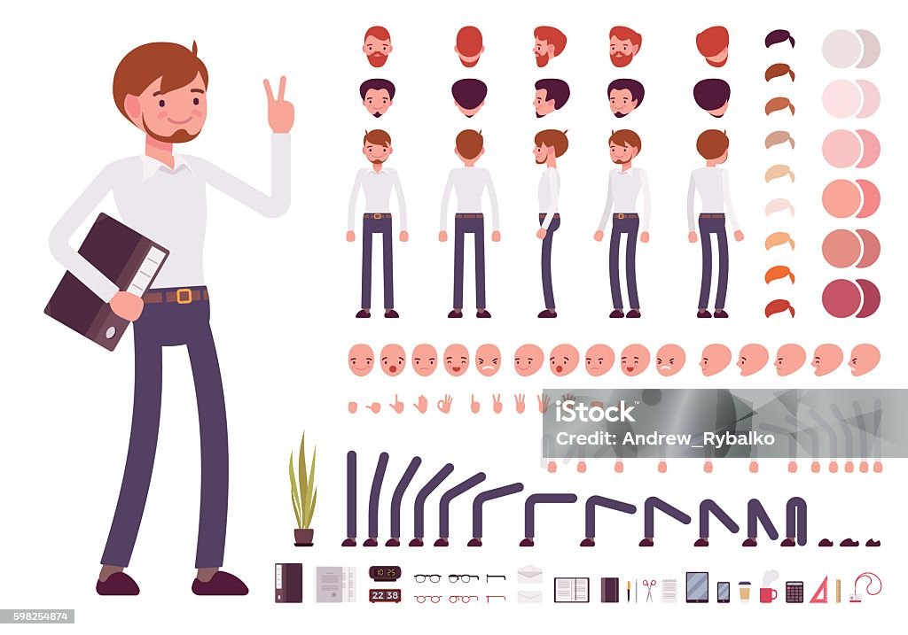 Male clerk character creation set Male clerk character creation set. Build your own design. Cartoon vector flat-style infographic illustration Characters stock vector