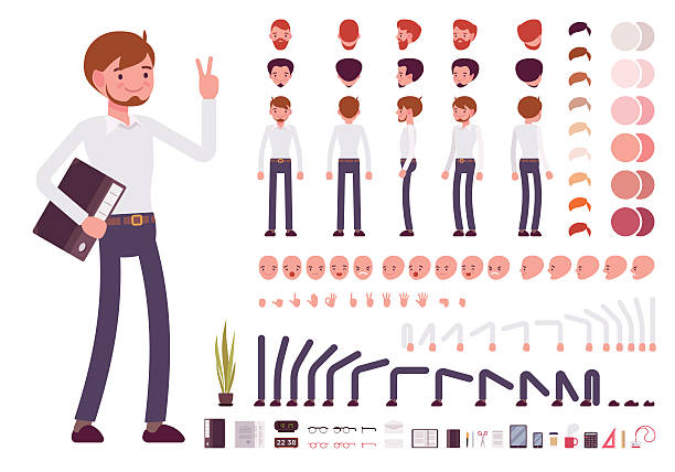 Male clerk character creation set Male clerk character creation set. Build your own design. Cartoon vector flat-style infographic illustration file clerk stock illustrations