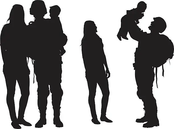 Vector illustration of Army couple playing with their baby