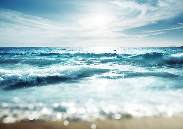 playa en la hora de la puesta de sol, efecto de desplazamiento de inclinación - sand beach sea wave fotografías e imágenes de stock