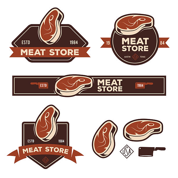 illustrations, cliparts, dessins animés et icônes de ensemble d’étiquettes rétro badges emblèmes pour magasin de viande ou - butcher butchers shop meat store