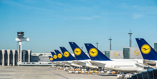 Aircraft of the Lufthansa company at the Frankfurt International Frankfurt, Germany - August 23, 2016: Aircraft of the Lufthansa company at the Frankfurt International airport. It is the busiest airport in Germany in terms of passenger traffic frankfurt international airport stock pictures, royalty-free photos & images