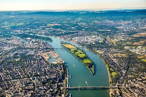 aerial view to Mainz and river Rhine and central bridges