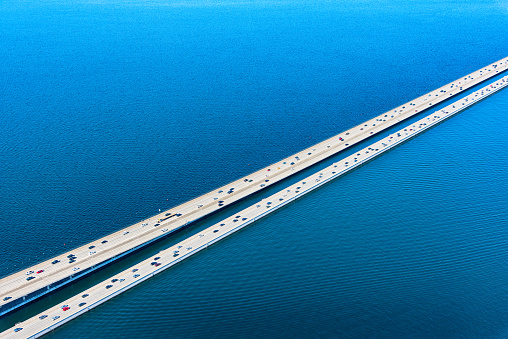 The Lacey V. Murrow Bridge of Interstate 90 as it spans Lake Washington just east of Seattle.