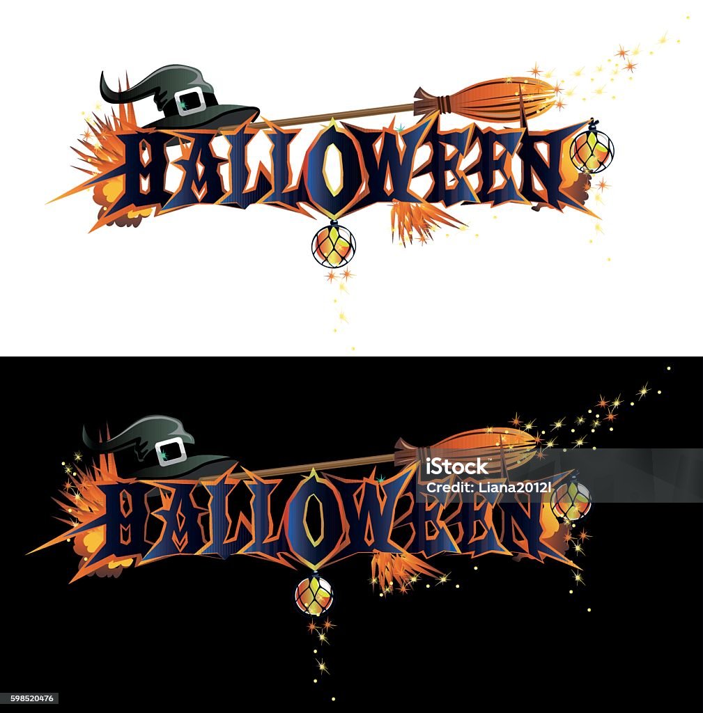 Halloween Halloween inscription isolated on black and white background Broom stock vector