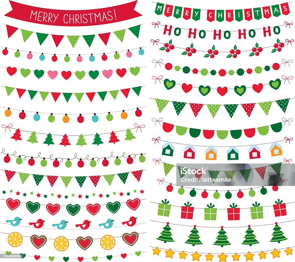 Decoración navideña de empavesados, conjunto de elementos de diseño vectorial aislado - arte vectorial de Navidad libre de derechos