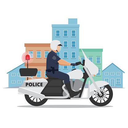 Illustration of a police officer riding motorcycle with city background.