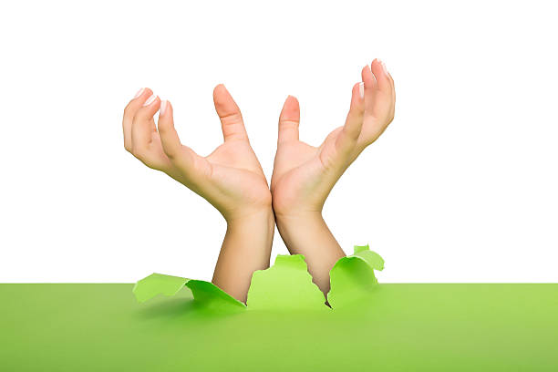 istock Female hand reaching through torn green paper sheet 598524446