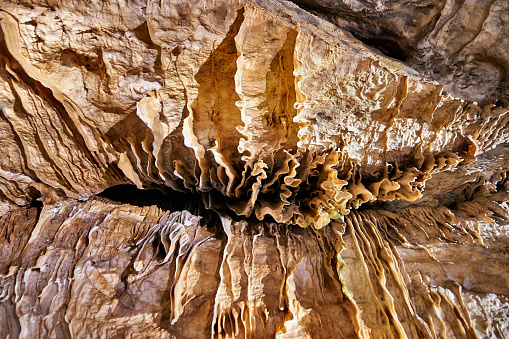 Stalagmites, Columns and Draperies in Han-sur-Lesse Caverns, Belgium