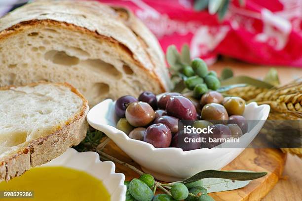 Traditional Italian Appetizer Fresh Homemade Bread Extra Virg Stock Photo - Download Image Now