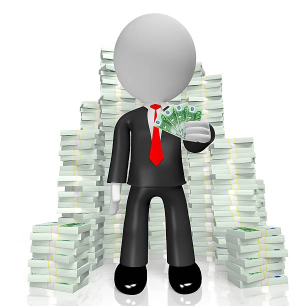3D businessman holding 100 Euro banknotes.