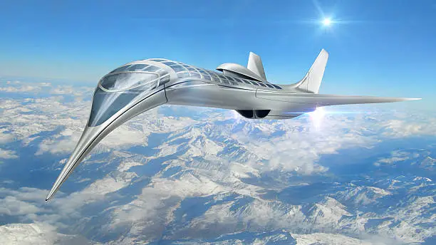 3D Rendering of futuristic airplane flying above clouds, for science fiction or military aircraft backgrounds