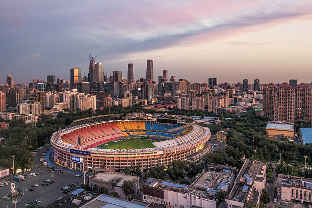 Beijing, China - September 18, 2019. A McDonalds restaurant is nestled within the structural lattice of the Beijing National Stadium, commonly known as the Birds Nest.