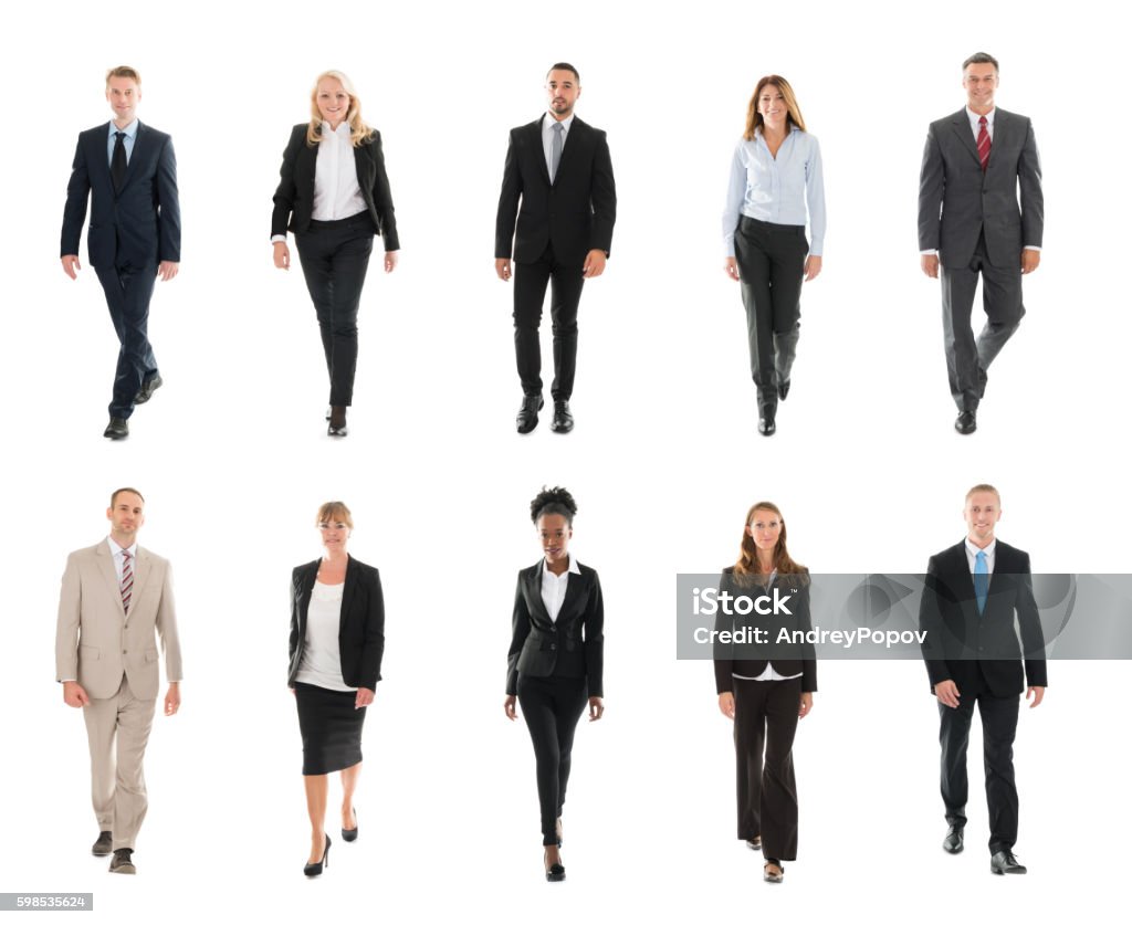 Businesspeople Walking Over White Background Collage Of Confident Businesspeople Walking Over White Background Walking Stock Photo