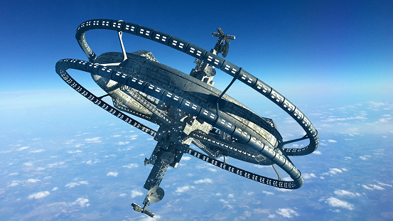 3d Illustration of a futuristic space station with multiple gravitational wheels in Earth's high atmosphere for games, exploration or SF backgrounds. 