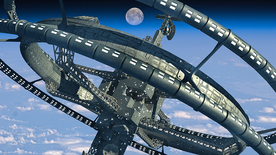3d Illustration of a space station with multiple gravitational wheels in Earth's high atmosphere for games, futuristic exploration or science fiction backgrounds.