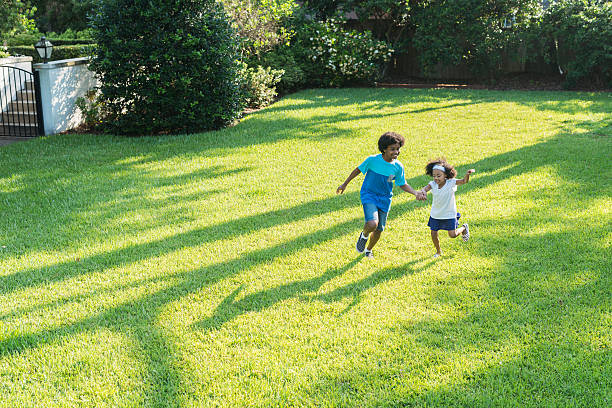 mestiço irmão e irmã jogando no parque - family with two children family park child - fotografias e filmes do acervo