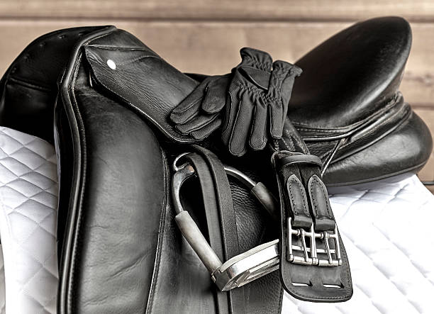 Dressage Saddle with Stirrup, Riding Gloves and Girth stock photo