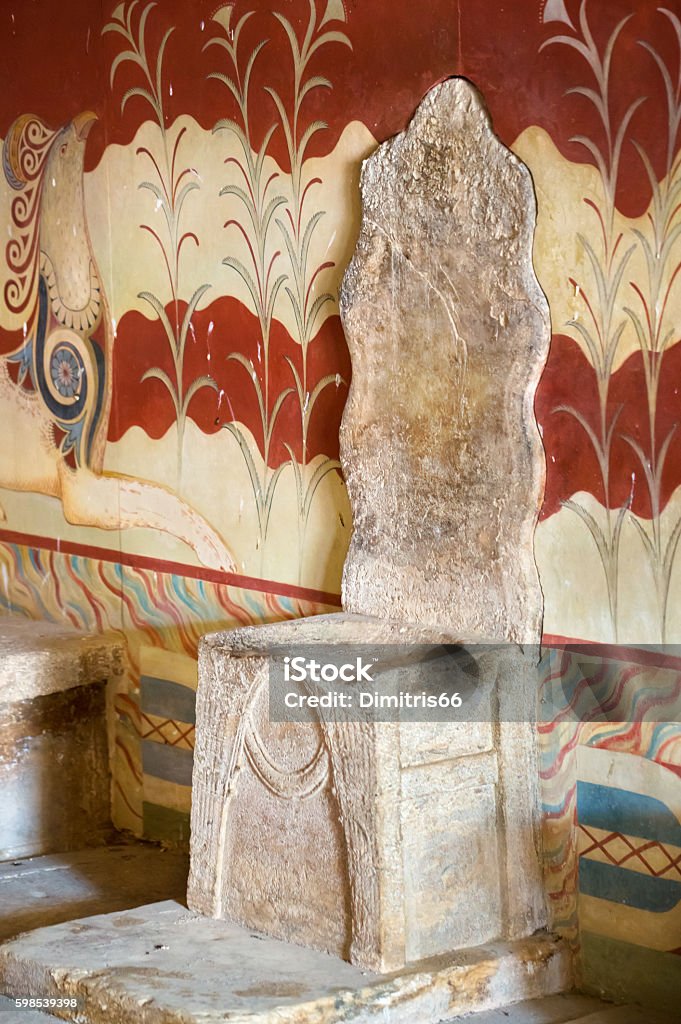 The throne of Minoan palace in Knossos, Crete (Greece) The throne of Minoan palace in Knossos, Crete (Greece). The palace of Knossos is one of the main centers of the Minoan civilization. Knossos Stock Photo